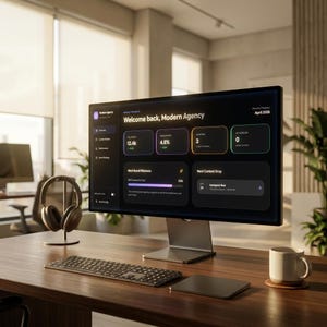 Peut inclure: Un bureau moderne avec un &eacute;cran d'ordinateur affichant "Welcome back, Modern Agency." L'&eacute;cran montre des visualisations de donn&eacute;es. Un clavier, un pav&eacute; tactile, un casque et une tasse sont sur un bureau en bois. L'&eacute;cran mesure environ 69 cm.