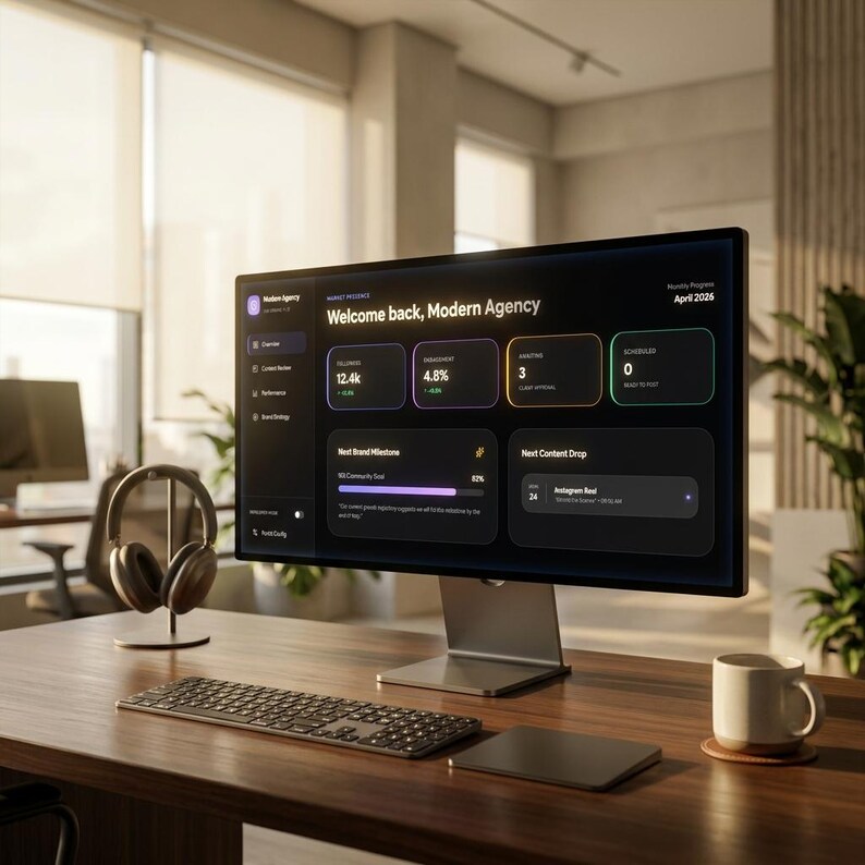 Peut inclure: Un bureau moderne avec un &eacute;cran d'ordinateur affichant "Welcome back, Modern Agency." L'&eacute;cran montre des visualisations de donn&eacute;es. Un clavier, un pav&eacute; tactile, un casque et une tasse sont sur un bureau en bois. L'&eacute;cran mesure environ 69 cm.