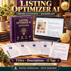 Può includere: Un libro guida alla configurazione di Listing Optimizer AI di colore viola, un computer portatile che mostra una bozza di inserzione e cinque schede didattiche intitolate Installation Guide, Prompt Templates, Example Outputs, Best Practices e Listing Example.