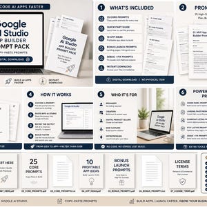 May include: A promotional image for Google AI Studio's App Builder Prompt Pack. The image showcases a laptop displaying the Google AI Studio logo, accompanied by documents detailing app ideas, prompts, and a quickstart guide. The pack offers 25 copy-paste prompts for building apps.