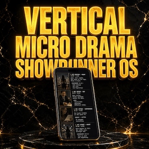 May include: A smartphone displaying a script titled Vertical Micro Drama Showrunner OS, featuring four scenes with text descriptions. The phone is positioned against a black marble background with large, glowing gold 3D text reading VERTICAL MICRO DRAMA SHOWRUNNER OS.