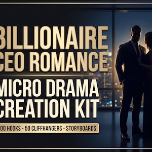 May include: A digital graphic featuring the text BILLIONAIRE CEO ROMANCE MICRO DRAMA CREATION KIT 100 HOOKS - 50 CLIFFHANGERS - STORYBOARDS in gold and white lettering. To the right, a silhouette of two figures stands before a city window.