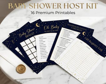Paquete imprimible para baby shower con temática celestial: juegos, planificador y registro de regalos (descarga instantánea).