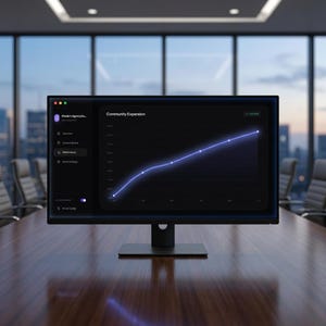Peut inclure: Un &eacute;cran d'ordinateur noir affichant un graphique intitul&eacute; "Community Expansion" avec une ligne bleue ascendante. L'&eacute;cran est pos&eacute; sur une table en bois dans une salle de conf&eacute;rence. Le c&ocirc;t&eacute; gauche de l'&eacute;cran affiche un menu avec le texte "Modern Agency..."