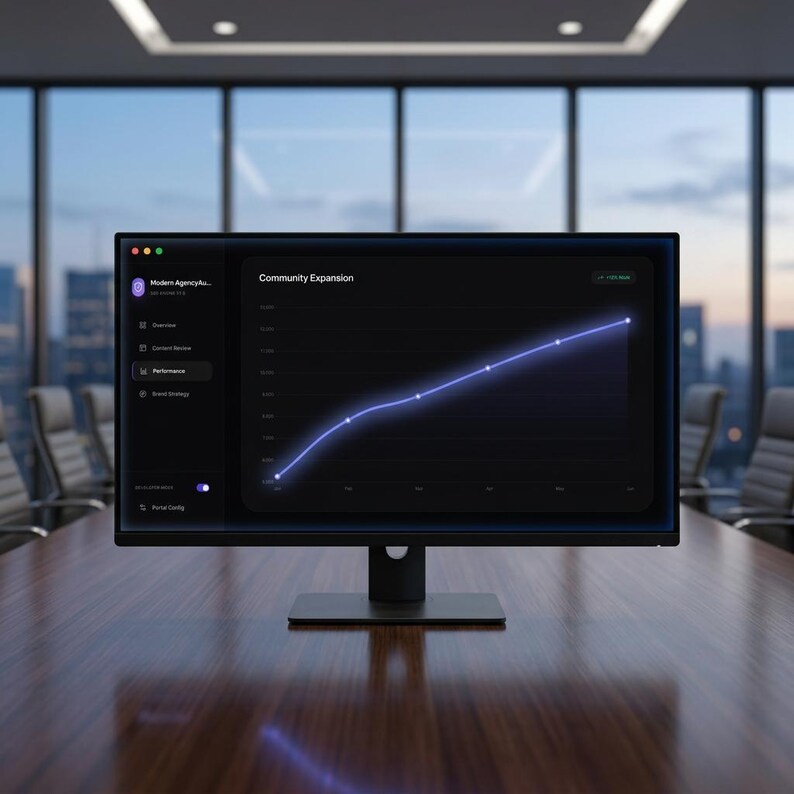 Peut inclure: Un &eacute;cran d'ordinateur noir affichant un graphique intitul&eacute; "Community Expansion" avec une ligne bleue ascendante. L'&eacute;cran est pos&eacute; sur une table en bois dans une salle de conf&eacute;rence. Le c&ocirc;t&eacute; gauche de l'&eacute;cran affiche un menu avec le texte "Modern Agency..."