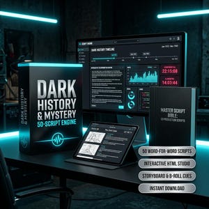May include: A digital product set featuring a box labelled Dark History & Mystery 50-Script Engine, a computer monitor displaying a timeline and data, a tablet showing a storyboard, and a book titled Master Script Bible: 60 Production Scripts.