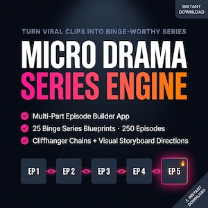 May include: A digital graphic titled Micro Drama Series Engine with text Turn Viral Clips Into Binge-Worthy Series. It lists features including a Multi-Part Episode Builder App, 25 Binge Series Blueprints, 250 Episodes, and Cliffhanger Chains.