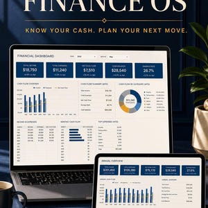 Może przedstawiać: Laptop i tablet wyświetlające pulpit finansowy z wykresami, tabelami i zestawieniami. Tekst na ekranie brzmi VISUAL FINANCE OS, KNOW YOUR CASH. PLAN YOUR NEXT MOVE. Pulpit przedstawia dane dotyczące całkowitego dochodu i wydatków.