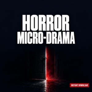 May include: A digital graphic featuring the white text HORROR MICRO-DRAMA centered above a dark, partially open door. A vibrant red light emanates from the doorway, casting a glow on the floor. A small red rectangle with white text reads INSTANT DOWNLOAD.