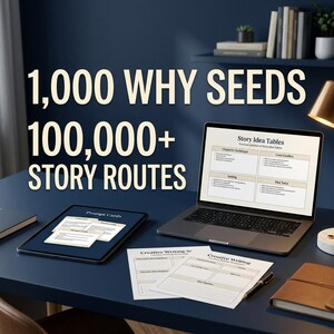 May include: A digital workspace featuring a laptop displaying Story Idea Tables, a tablet showing Prompt Cards, and printed Creative Writing worksheets. Large text on the wall reads 1,000 WHY SEEDS 100,000+ STORY ROUTES, highlighting creative writing tools.