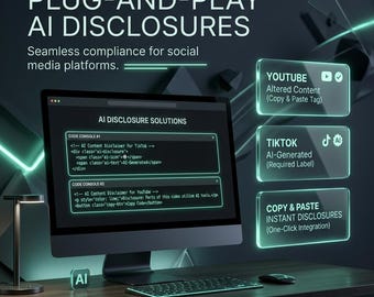 May include: A computer monitor displays code and text related to AI disclosures for social media platforms. The screen shows options for YouTube, TikTok, and copy-and-paste disclosures. The image includes the text "PLUG-AND-PLAY AI DISCLOSURES".