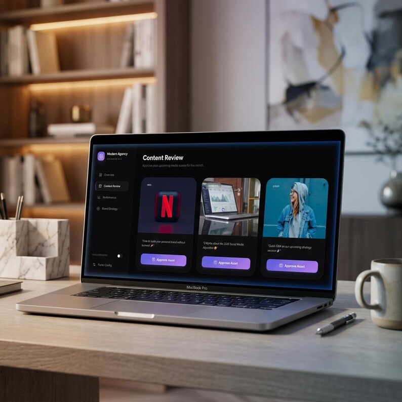 Peut inclure: Un ordinateur portable MacBook Pro argent&eacute; affichant une interface "Content Review". L'&eacute;cran montre trois cartes de contenu avec des images et du texte, dont un logo Netflix. Un stylo et une tasse sont sur le bureau.