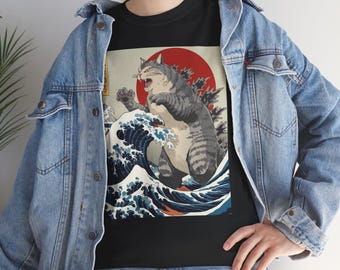 Camiseta de arte japonés Catzilla, divertida camiseta gráfica de Godzilla Cat Ukiyo-e, regalo de anime otaku