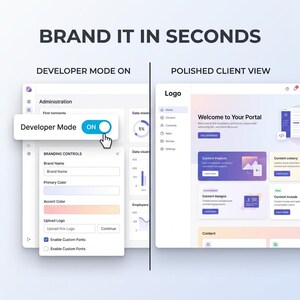 Peut inclure: Interface num&eacute;rique avec le texte &laquo; BRAND IT IN SECONDS &raquo; en haut. Le c&ocirc;t&eacute; gauche montre une interface en mode d&eacute;veloppeur avec des contr&ocirc;les de marque. Le c&ocirc;t&eacute; droit affiche une vue client soign&eacute;e avec un portail de bienvenue.