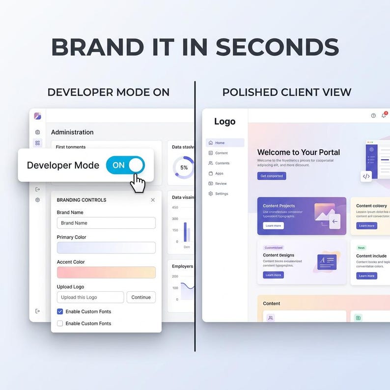 Peut inclure: Interface num&eacute;rique avec le texte &laquo; BRAND IT IN SECONDS &raquo; en haut. Le c&ocirc;t&eacute; gauche montre une interface en mode d&eacute;veloppeur avec des contr&ocirc;les de marque. Le c&ocirc;t&eacute; droit affiche une vue client soign&eacute;e avec un portail de bienvenue.