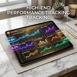 Peut inclure: Une tablette num&eacute;rique affichant un tableau de bord de suivi des performances avec le texte "HIGH-END PERFORMANCE TRACKING TRACKING". L'&eacute;cran montre des graphiques et des donn&eacute;es, dont "ACTIVE USERS 14.8K" et "CONVERSION RATE 6.2%."