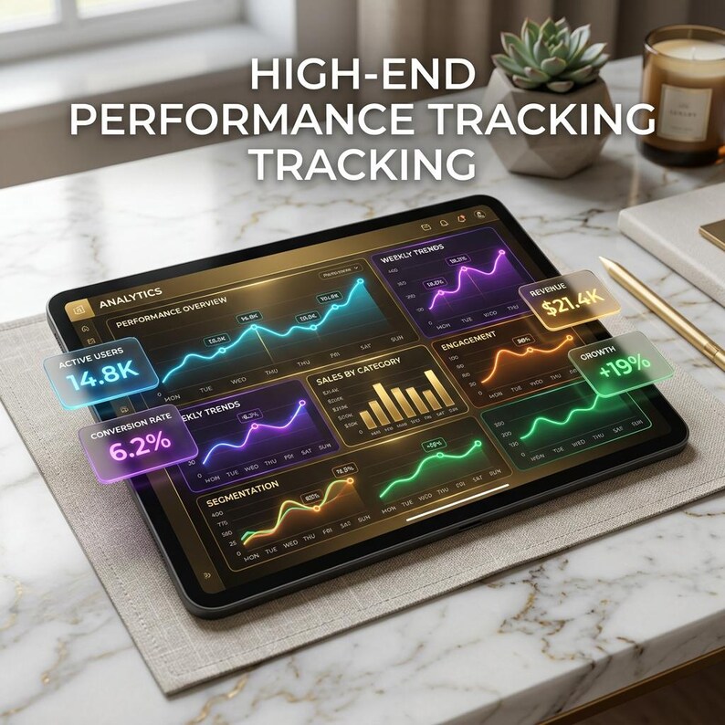 Peut inclure: Une tablette num&eacute;rique affichant un tableau de bord de suivi des performances avec le texte "HIGH-END PERFORMANCE TRACKING TRACKING". L'&eacute;cran montre des graphiques et des donn&eacute;es, dont "ACTIVE USERS 14.8K" et "CONVERSION RATE 6.2%."