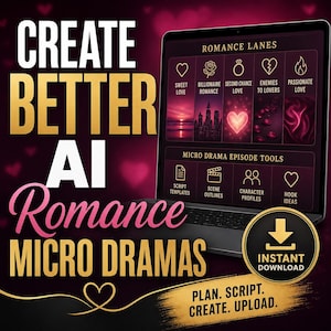 May include: A laptop screen displays a digital interface titled Romance Lanes with icons for Sweet Love, Billionaire Romance, Second Chance Love, Enemies to Lovers, and Passionate Love, plus Micro Drama Episode Tools like script templates.