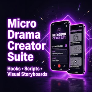 Peut inclure: Deux smartphones affichent l'interface Micro Drama Creator Suite avec un éclairage néon violet. Les écrans présentent du texte incluant Micro Drama Creator Suite, Ep. 1: The Revelation, Hook: Captivating Intro, Script: Scene 1 Dialog et Storyboard Visuals.