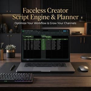 Puede incluir: Un ordenador portátil que muestra una hoja de cálculo titulada Faceless Creator Script Engine & Planner con el subtítulo Optimize Your Workflow & Grow Your Channels. La pantalla muestra un calendario de contenido con columnas para fecha, día, plataforma, idea de contenido, estado, guion, palabras clave, visuales y notas.