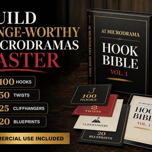 May include: A black book titled AI MICRODRAMA HOOK BIBLE VOL. 1 with gold text, accompanied by four smaller cards featuring icons and text for 100 hooks, 50 twists, 25 cliffhangers, and 20 blueprints. The text BUILD BINGE-WORTHY MICRODRAMAS FASTER is visible.