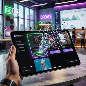 Peut inclure: Une tablette noire affichant une interface utilisateur avec le texte "POST SCHEDULED". La tablette est tenue dans une main, avec des confettis jaillissant de l'&eacute;cran. L'interface comprend des options pour l'aper&ccedil;u, la r&eacute;vision du contenu et la strat&eacute;gie de marque. Des enseignes au n&eacute;on indiquent "GO LIVE" et "CREATE".