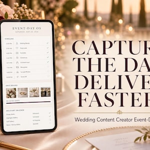 Puede incluir: Un smartphone que muestra un cronograma de bodas Event-Day OS, un tablero de tomas y un rastreador de entregas. La pantalla muestra el texto "CAPTURE THE DAY. DELIVER FASTER." y "Wedding Content Creator Event-Day OS" junto a una mesa.