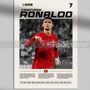 May include: A poster featuring Cristiano Ronaldo in a red jersey with the number 7. The poster includes his name in bold black letters, a signature, and text about his achievements. The background is a grayscale image of Ronaldo.