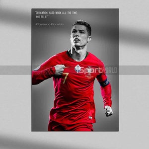 Plakat Ronaldo, wydruk na płótnie Cristiano Ronaldo, Portugalia, wydruk z motywującym cytatem, wystrój dla dzieci, prezent do jaskini mężczyzny, sztuka sportowa