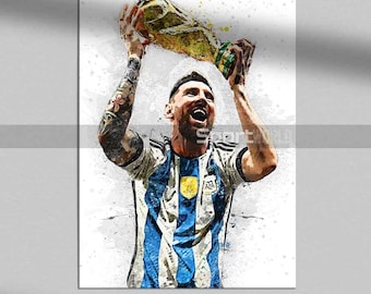May include: A watercolor painting of a soccer player holding up a trophy. The player is wearing a blue and white striped jersey with the letters "AFA" on the chest. The player is smiling and has a determined look on his face.