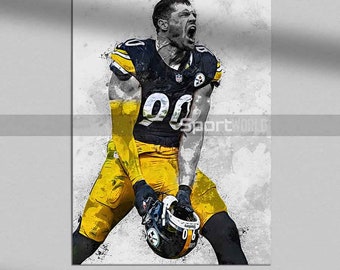 Op de afbeelding: Digitale kunstprint van een American football-speler in een zwart en geel uniform, nummer 90. De speler houdt een helm vast en schreeuwt. De achtergrond is een aquarel-achtige wassing.