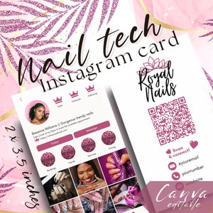 Instagram nailtech business card, nail tech Canva template, pink DIY printable beauty business card, QR code, lashtech, hair nails lash mua