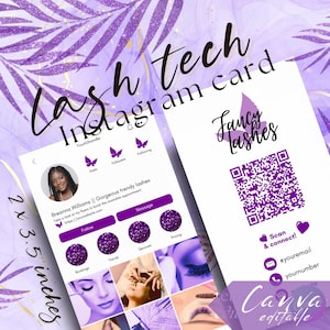 Może przedstawiać: Fioletowa i biała karta Instagramowa dla stylistki rzęs. Karta zawiera kod QR, dane kontaktowe i siatkę zdjęć prezentujących usługi rzęsowe. Widoczny jest tekst "Lash tech Instagram card" i "Fancy Lashes". Karta ma wymiary 2 x 3,5 cala.