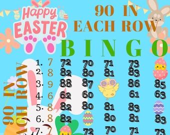 Easter 90 PYP Small Profit WTA 15 Line Bingo Board , 90 In Each Row Bingo, Easter Bunny Bingo Board