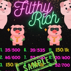 HR PYP 15 Line Bingo Board. Filthy Rich PYP High Roller