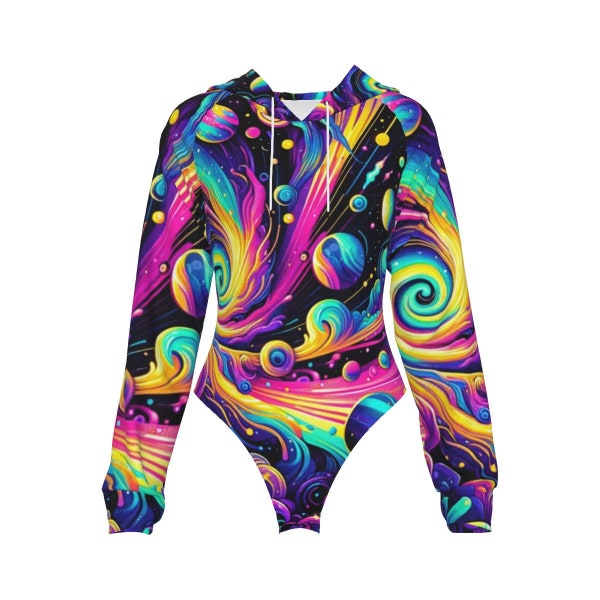 Cosmic Dance Womens Raglan Sleeve Hooded Rave Bodysuit