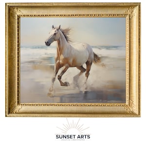 May include: A framed painting of a white horse running on a beach. The horse is in motion, with its mane flowing in the wind. The background is a blurred image of the ocean and sand.