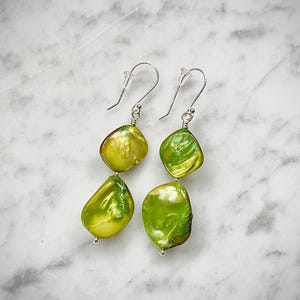 Handmade green mother of pearl and sterling silver dangle earrings