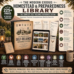 Peut inclure: La bibliothèque Modern Exodus Homestead & Preparedness est un système de référence d'autosuffisance comprenant un classeur, une tablette numérique, un smartphone et un carnet. Il inclut des listes de contrôle, des guides de stockage et des plans.