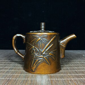 Antique Copper Tea Pot with Carved Bamboo Design - Rare Chinese Antiquity, Precious Gift, Desktop Ornament, Home and Office Decor, J1116