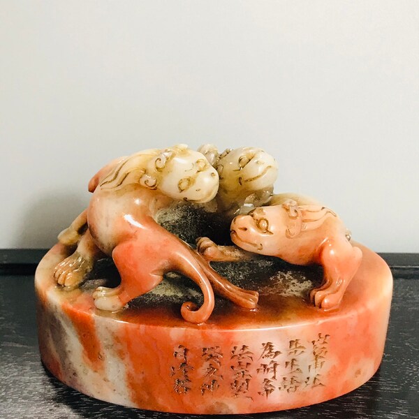 Hand-Carved Shoushan Stone Seal with Mythical Beast, Chinese Antique, Rare and Precious Gift, Desk Decor for Home and Office, S1067