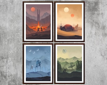 May include: Set of four framed prints featuring different scenes from the Star Wars universe. The prints are in a minimalist style with a muted color palette. The first print shows a lightsaber duel in a desert landscape. The second print shows a building in a desert landscape. The third print shows an AT-AT walker in a snowy landscape. The fourth print shows a forest landscape with a spaceship in the background.
