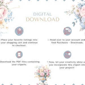 May include: A digital download guide with four steps illustrated with icons. The steps are: 1. Place your favorite listings into your shopping cart and continue to checkout. 2. Head over to your account and find Purchases - Downloads. 3. Download the PDF files containing your cliparts. 4. Now, let your creativity shine as you incorporate this clipart into your project!