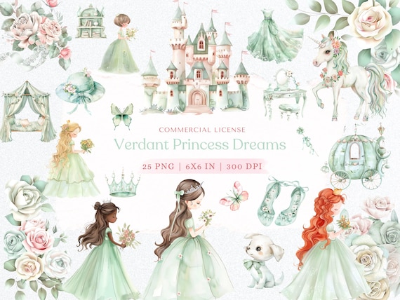 Watercolor Princess Clipart: Pastel Green Fairytale PNG (Digital Download)