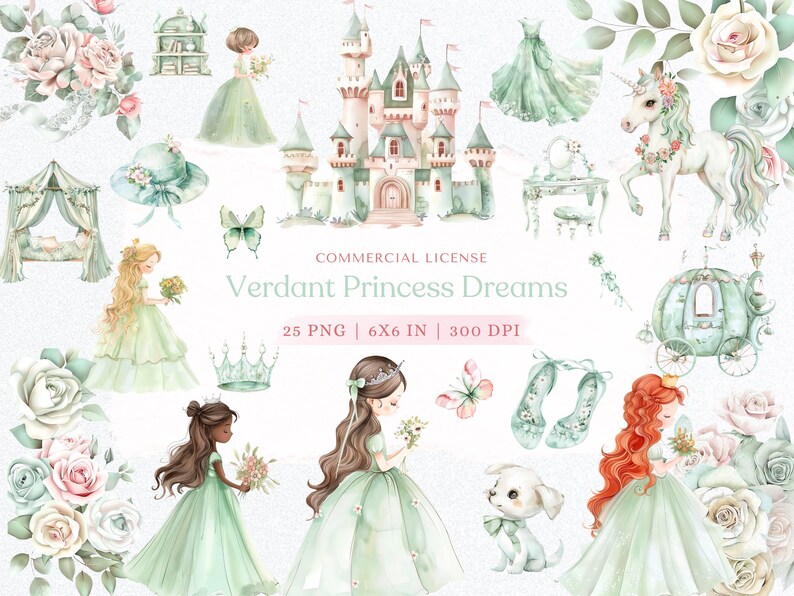 May include: Watercolor illustrations featuring a princess theme. The image includes a castle, dresses, a unicorn, a carriage, and several princesses in green gowns. The text reads "Verdant Princess Dreams". The color palette is soft, with pastel greens, pinks, and whites.