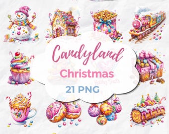 Puede incluir: Una colección digital de 21 ilustraciones con temática navideña de Candyland que incluye un muñeco de nieve, casa de jengibre, tren, cupcakes, donas, bastones de caramelo, piruletas, galletas de estrella, cajas de regalo y tazas de chocolate.