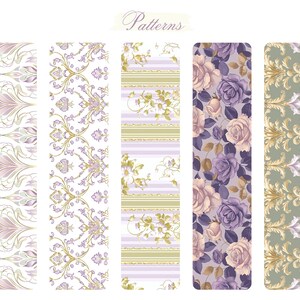 May include: Five different seamless patterns in a vertical format. The patterns are a combination of floral, damask, and striped designs. The colors are purple, gold, and green.