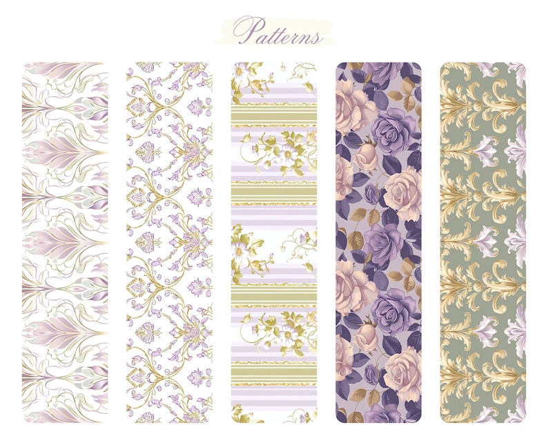 May include: Five different seamless patterns in a vertical format. The patterns are a combination of floral, damask, and striped designs. The colors are purple, gold, and green.