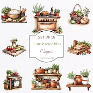 Vintage Rustic Kitchen Clipart Bundle, Kitchen Plant Shelves Pantries, Watercolor PNG Instant Download, Junk Journal Scrapbooking PNGs