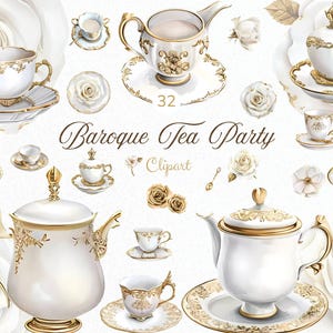 May include: A set of 32 watercolor illustrations of teacups, teapots, and roses in a baroque style. The illustrations are perfect for creating invitations, cards, and other paper crafts.